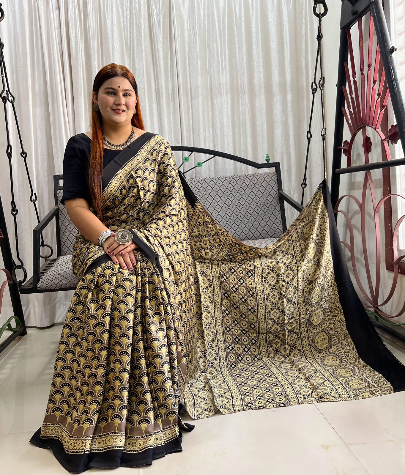 Cream Pure Modal Silk Ajrakh Print Saree