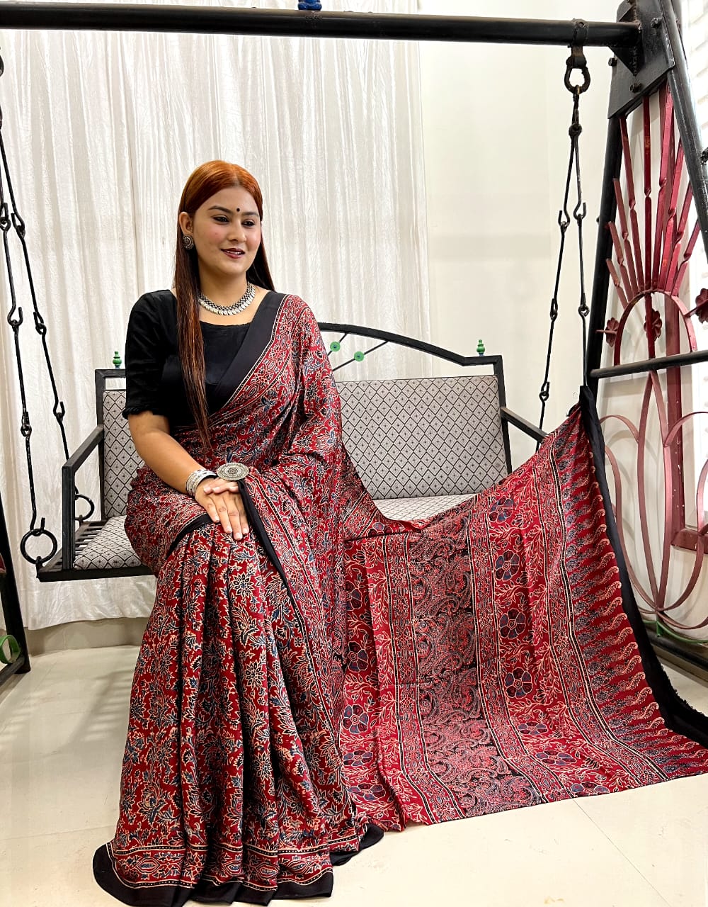 Red Ajrakh Pure Modal Silk Saree