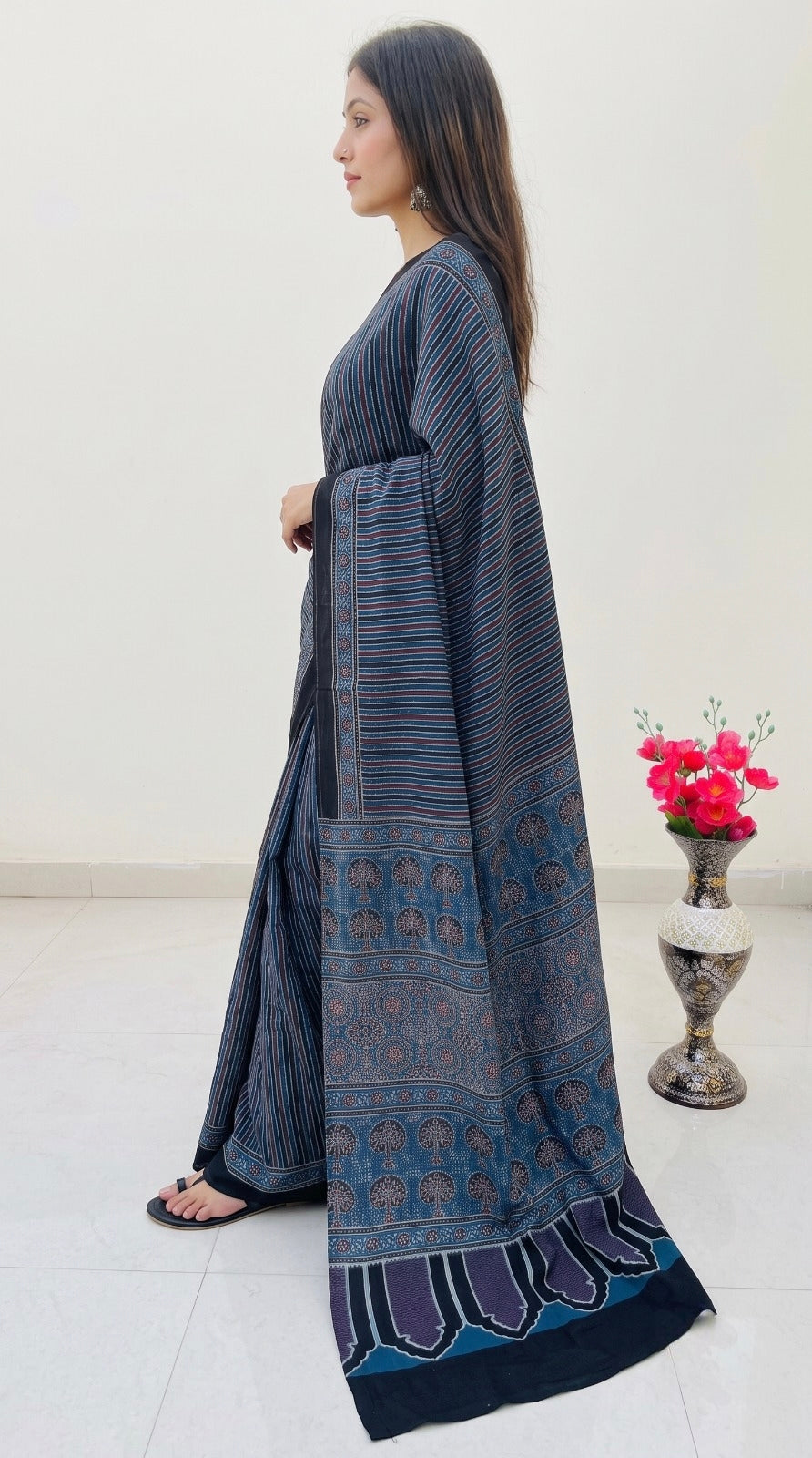 Indigo Pure Modal Silk Ajrakh Print Saree