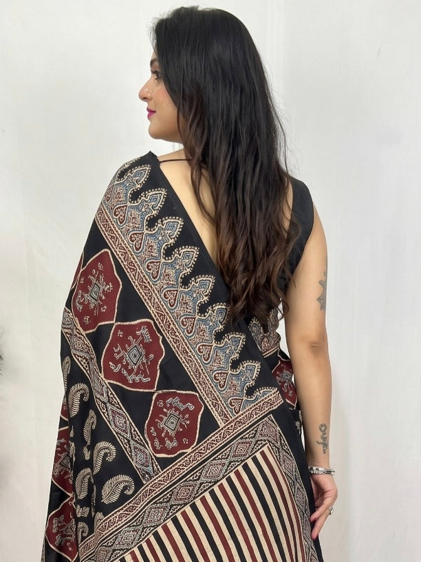 Black Pure Modal Silk Ajrakh Print Saree