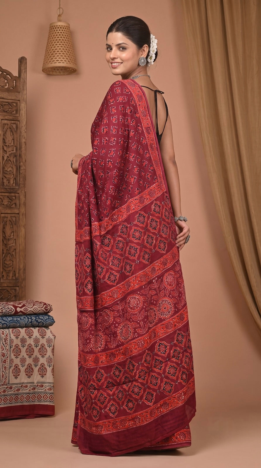Wine Pure Modal Silk Bagru Print Saree