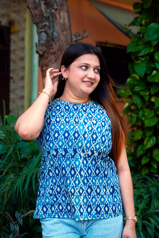 Indigo Dabu Handblock Printed Halter Neck Short Top