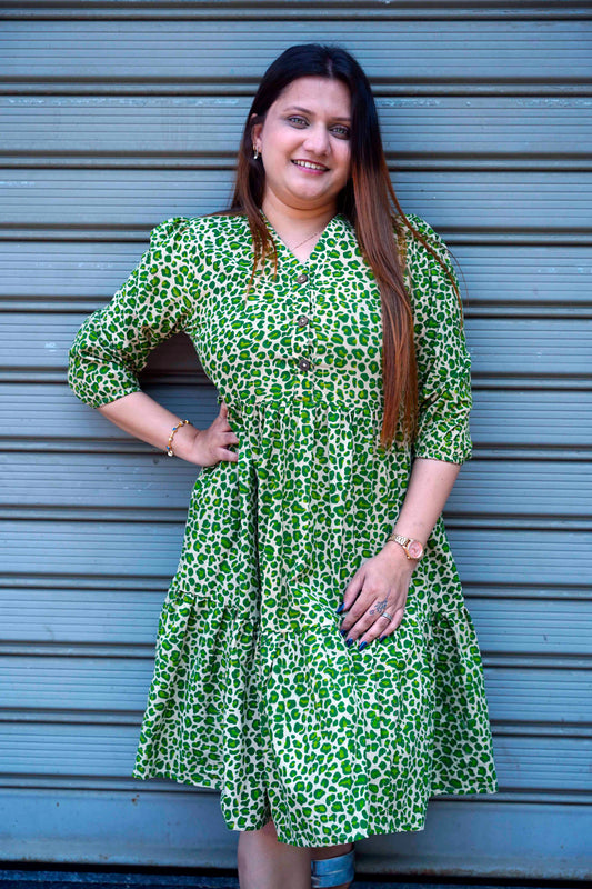 Green Leopard Handblock Print Below Knee Dress