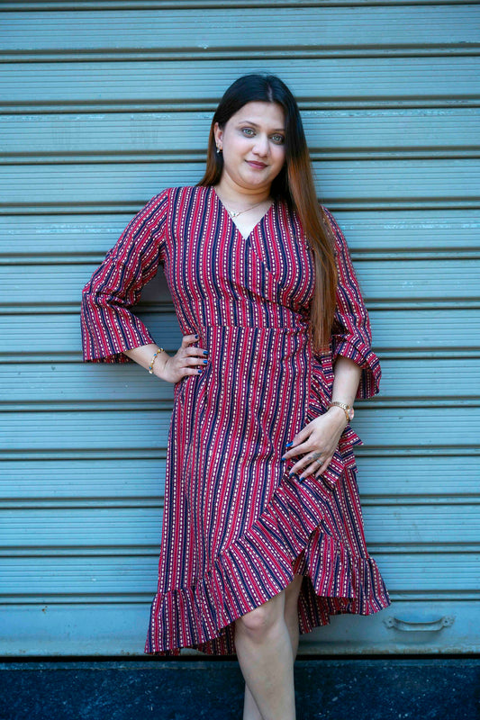 Red Hand Printed Frill Dress