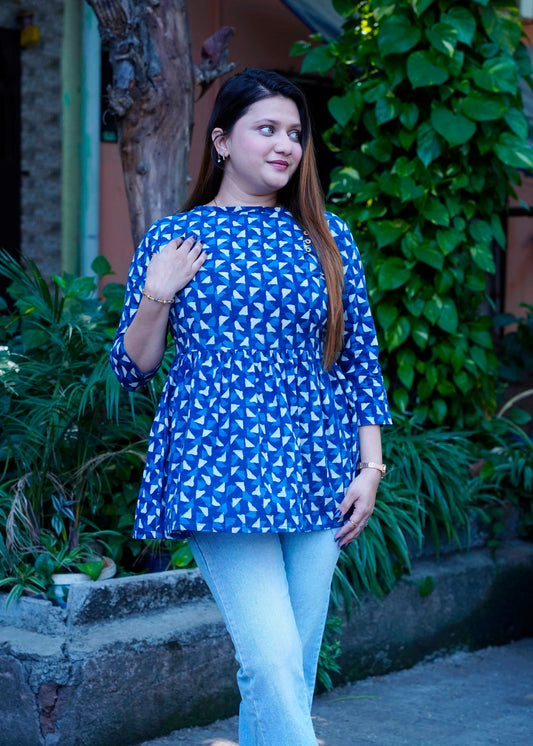 Indigo Boat Neck Dabu Print Short Top