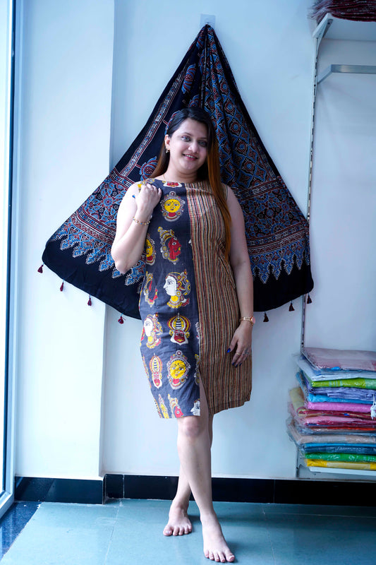 Black Kalamkari Handblock Printed Knee Length Dress