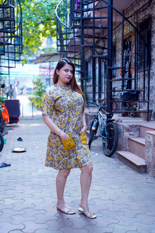 Mustard Ajrak Handblock Print Knee Length Dress With Hand Embroidery On Pockets
