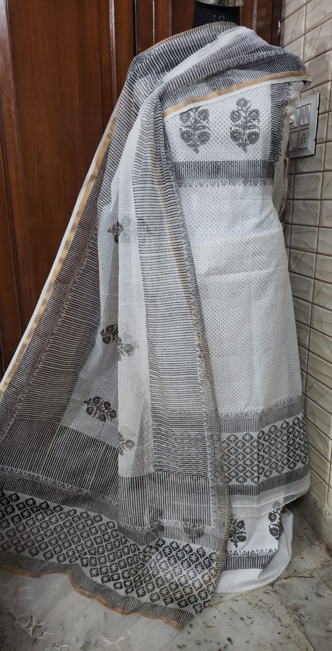 Handblock Print Grey White Printed Cotton Dress Materials