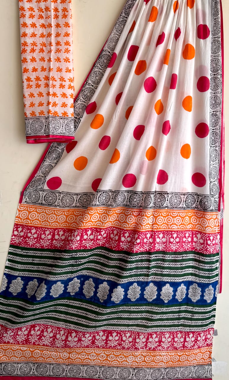 Multicolor Polka Mull Cotton Saree