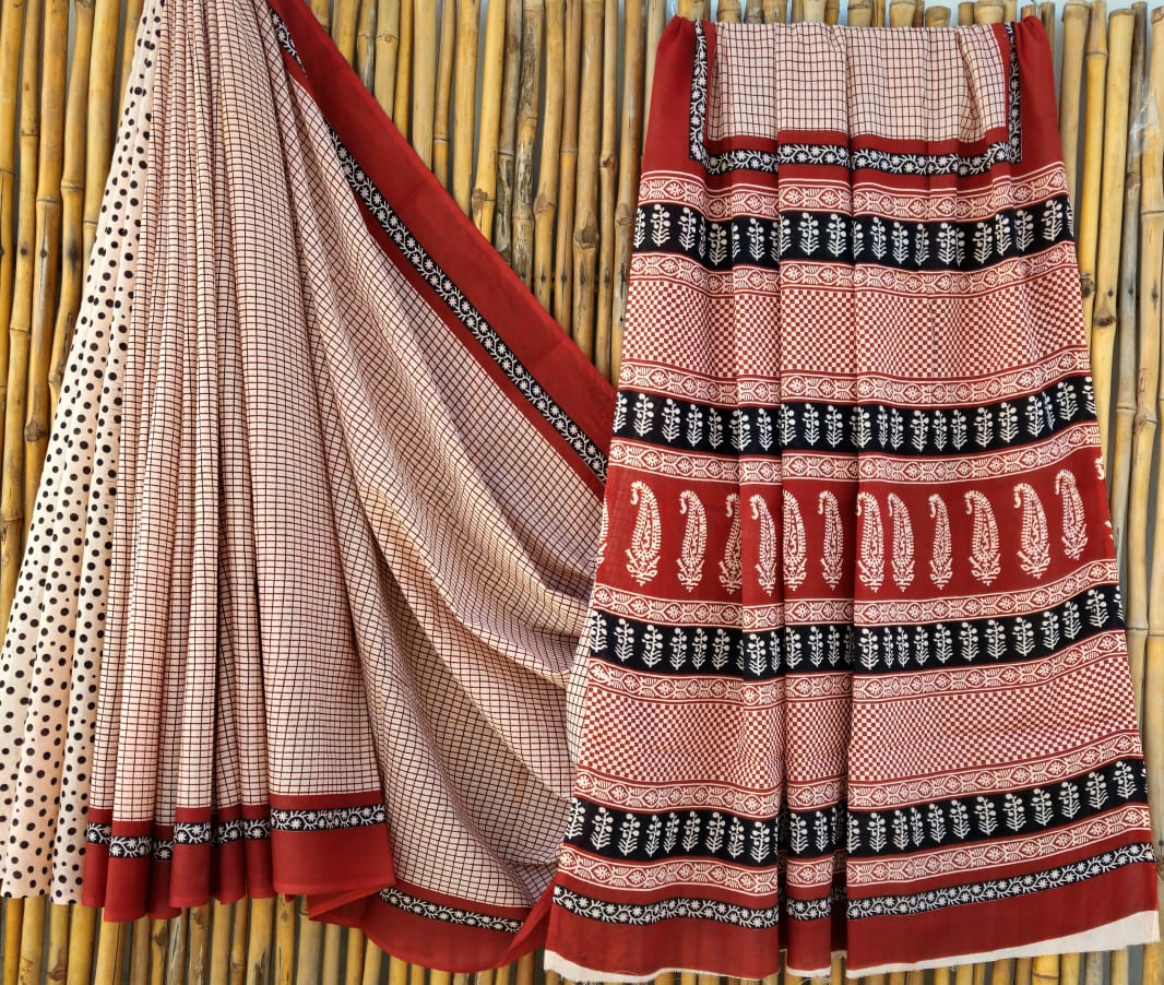 Rust Red Handblock Mull Cotton Saree