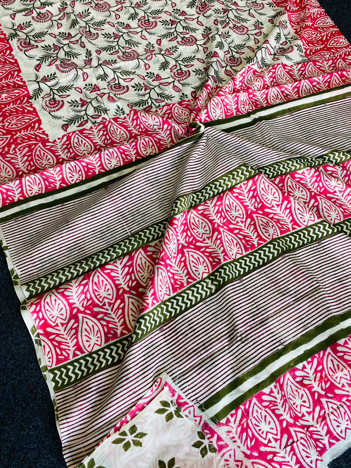 Pink Green Handblock Mull Cotton Saree