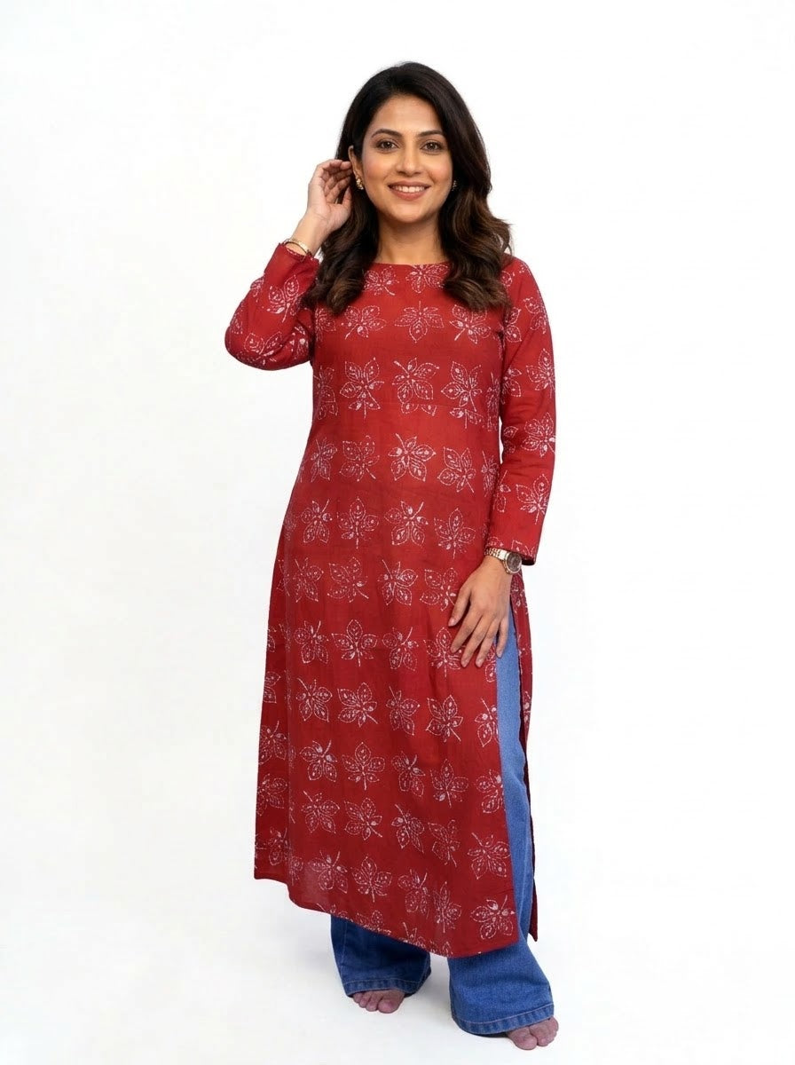 Cotton Dabu Hand Block Printed Red Long Side Slit Kurti | Rooh E Azah