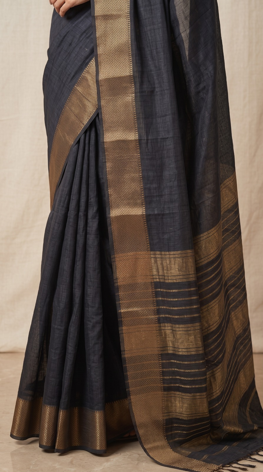 Black Maheshwari Silk Saree with Zari Border