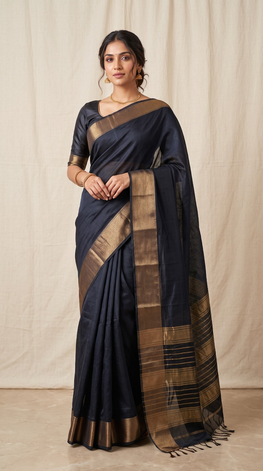 Black Maheshwari Silk Saree with Zari Border