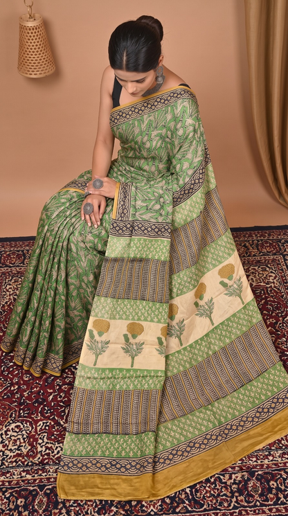 Green Pure Modal Silk Bagru Print Saree