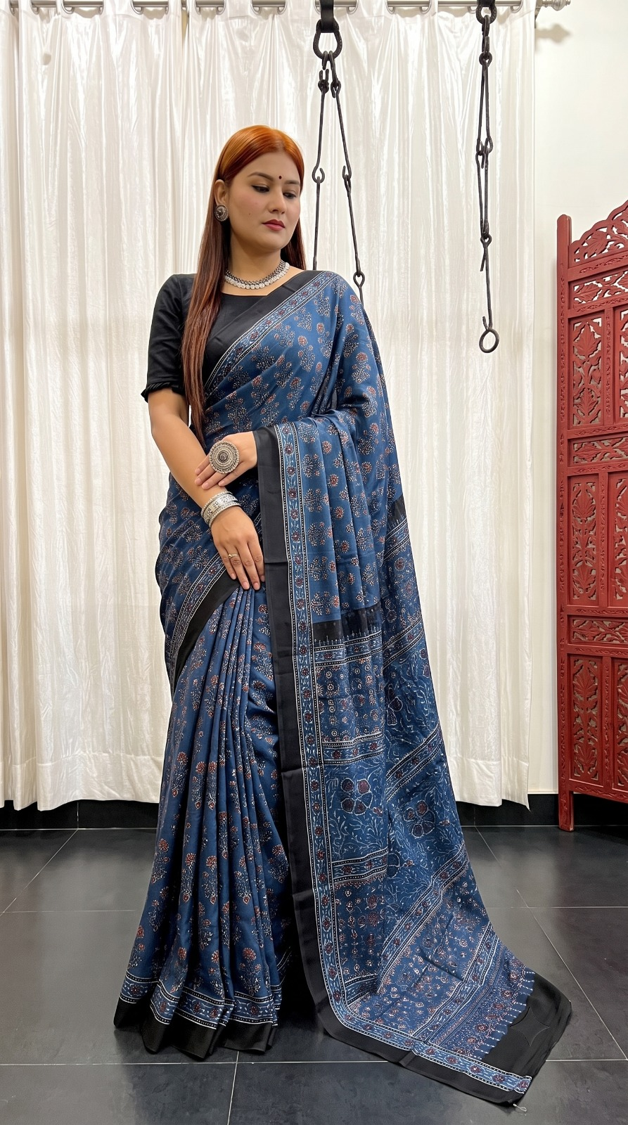 Indigo Ajrakh Pure Modal Silk Saree