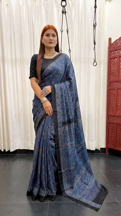 Indigo Ajrakh Pure Modal Silk Saree