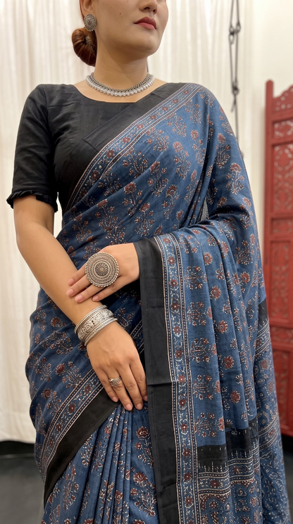 Indigo Ajrakh Pure Modal Silk Saree