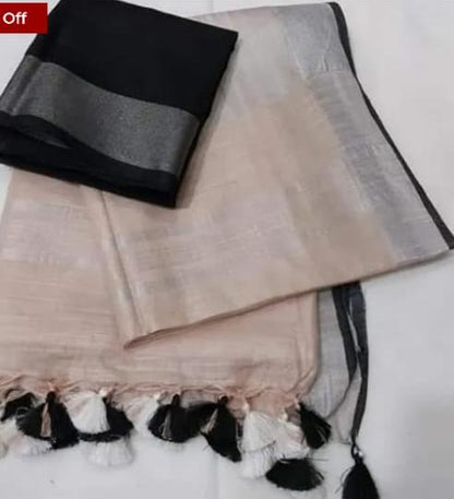 Ivory Beige Linen Cotton Saree