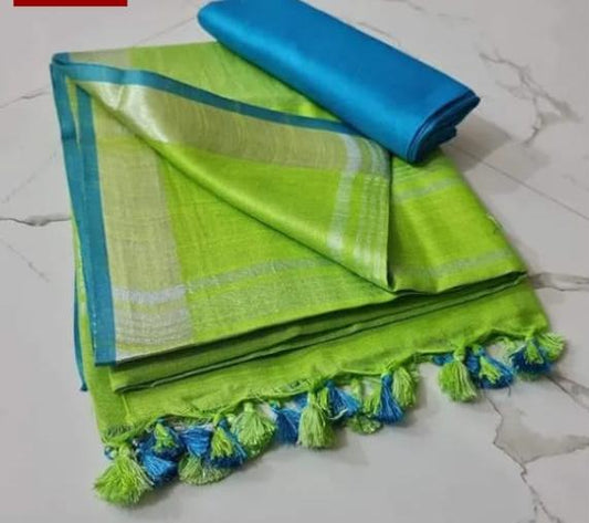 Lime Green Linen Cotton Saree