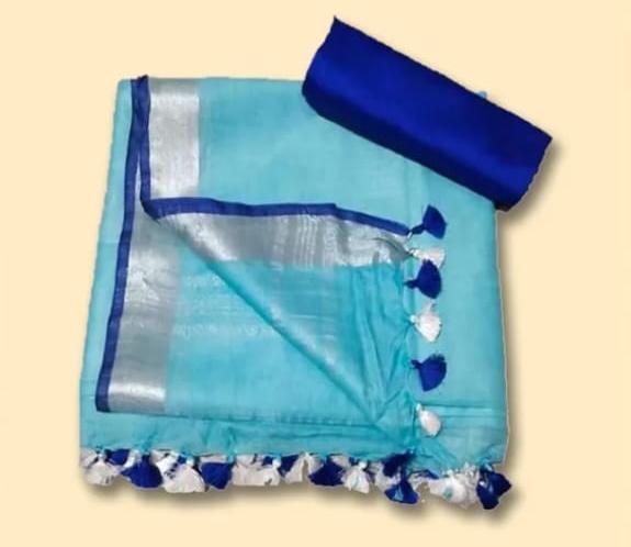 Aqua Blue Linen Cotton Saree