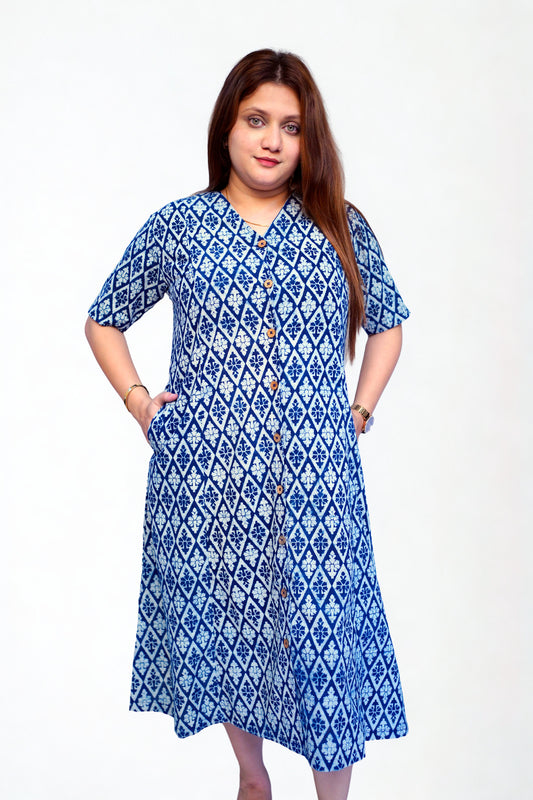 Indigo Dabu Handblock Printed Cotton Mid-Length Dress | Rooh E Azah