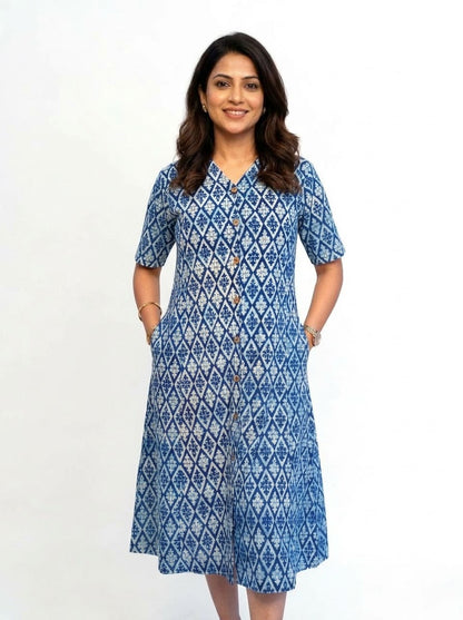 Indigo Dabu Handblock Printed Cotton Mid-Length Dress | Rooh E Azah