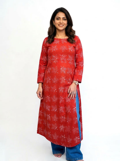 Cotton Dabu Hand Block Printed Red Long Side Slit Kurti | Rooh E Azah