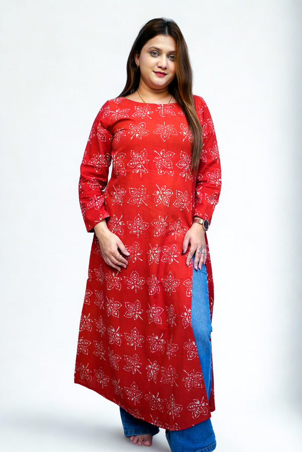 Cotton Dabu Hand Block Printed Red Long Side Slit Kurti | Rooh E Azah