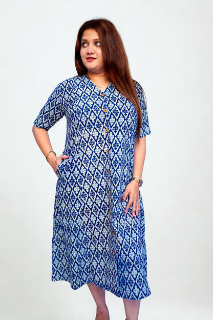 Indigo Dabu Handblock Printed Cotton Mid-Length Dress | Rooh E Azah
