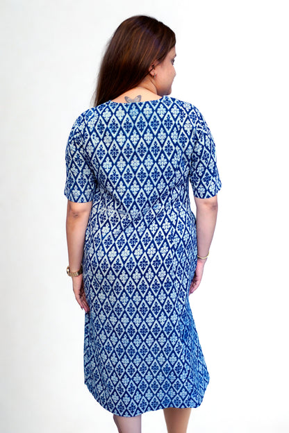 Indigo Dabu Handblock Printed Cotton Mid-Length Dress | Rooh E Azah
