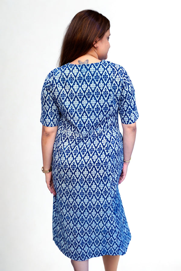 Indigo Dabu Handblock Printed Cotton Mid-Length Dress | Rooh E Azah