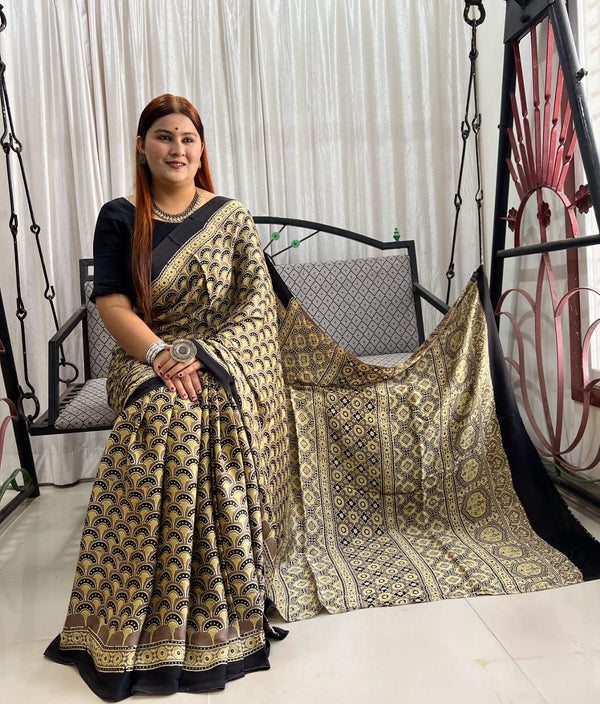 Cream Pure Modal Silk Ajrakh Print Saree