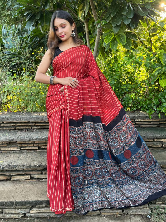 Red Pure Modal Silk Ajrakh Print Saree