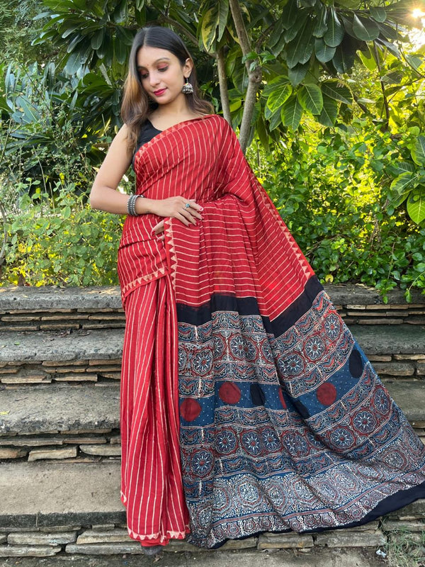 Red Pure Modal Silk Ajrakh Print Saree