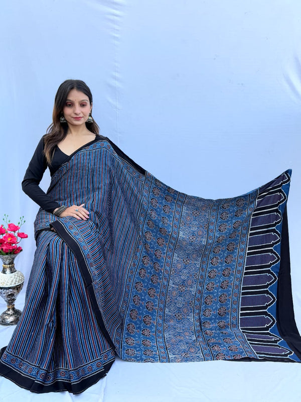 Indigo Pure Modal Silk Ajrakh Print Saree