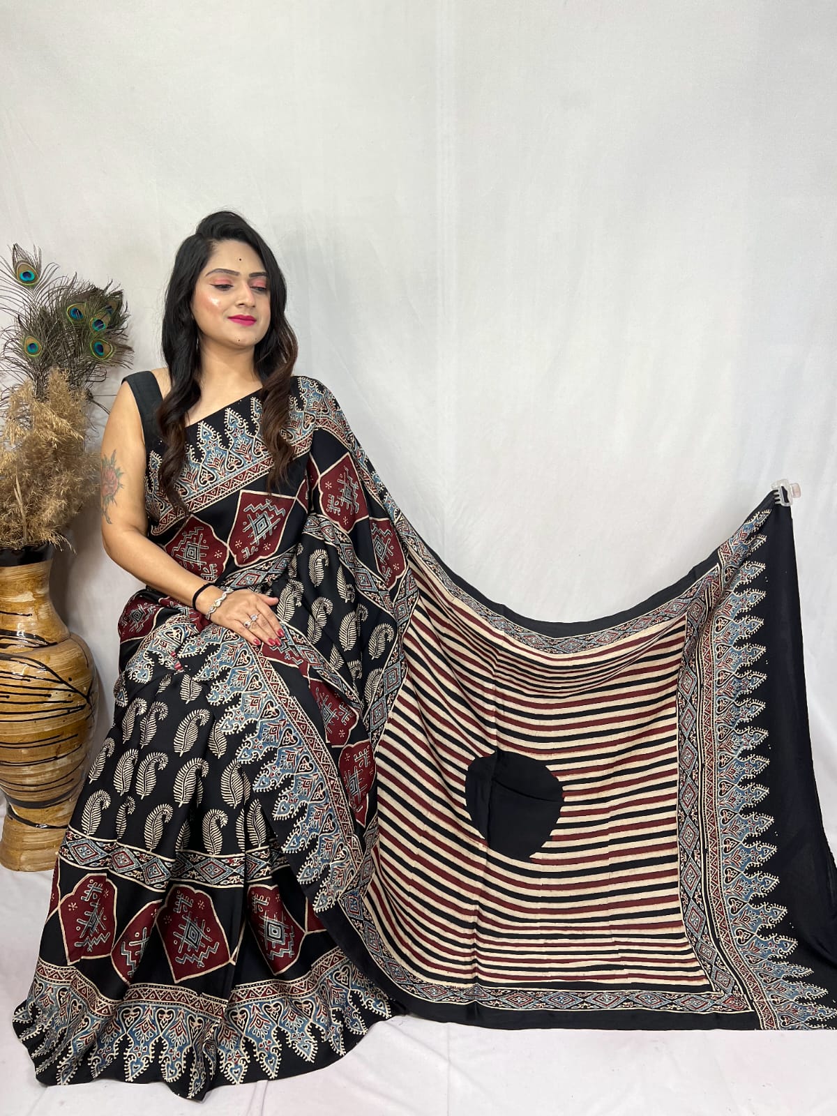 Black Pure Modal Silk Ajrakh Print Saree