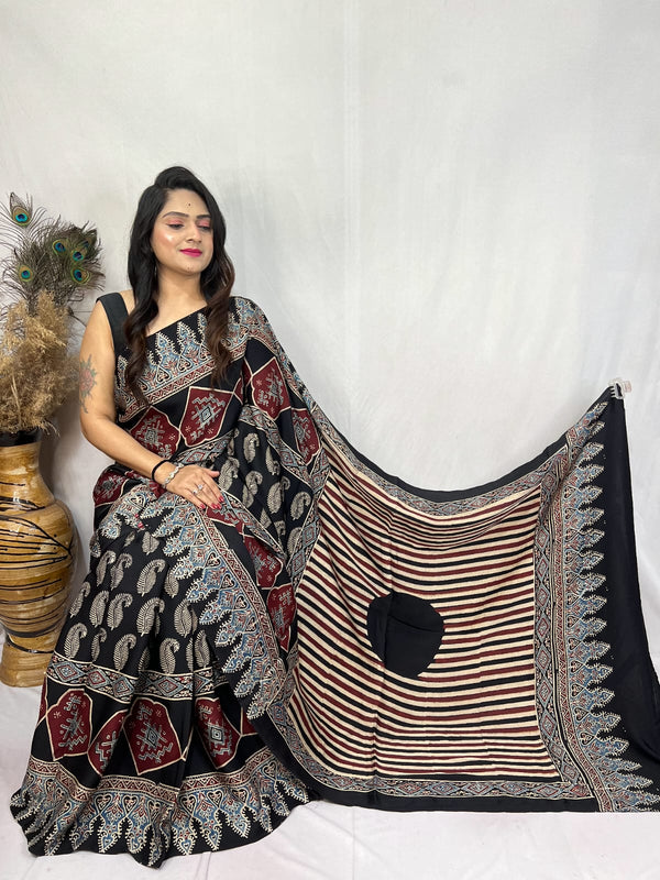 Black Pure Modal Silk Ajrakh Print Saree