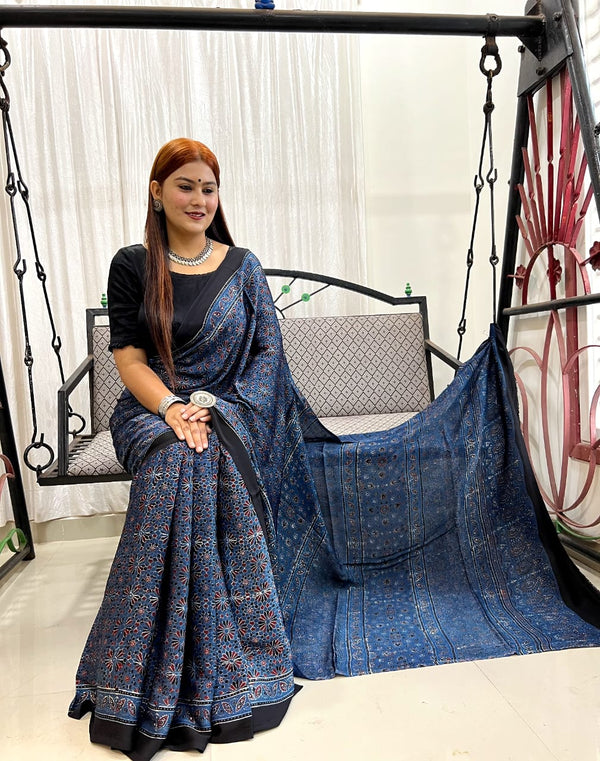 Indigo Pure Modal Silk Ajrakh Print Saree