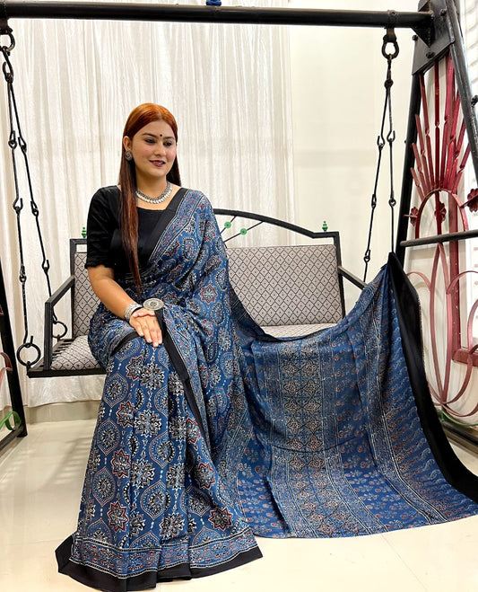 Indigo Pure Modal Silk Ajrakh Print Saree