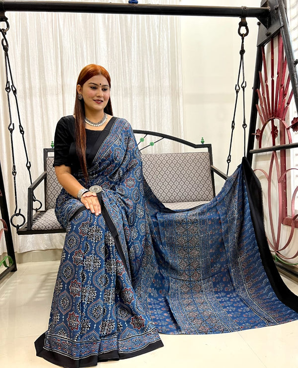 Indigo Pure Modal Silk Ajrakh Print Saree