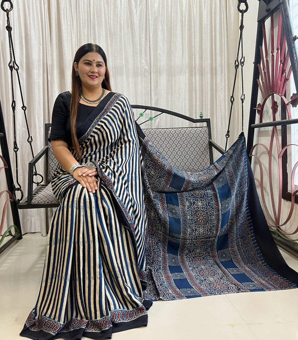 Indigo Ajrakh Pure Modal Silk Saree
