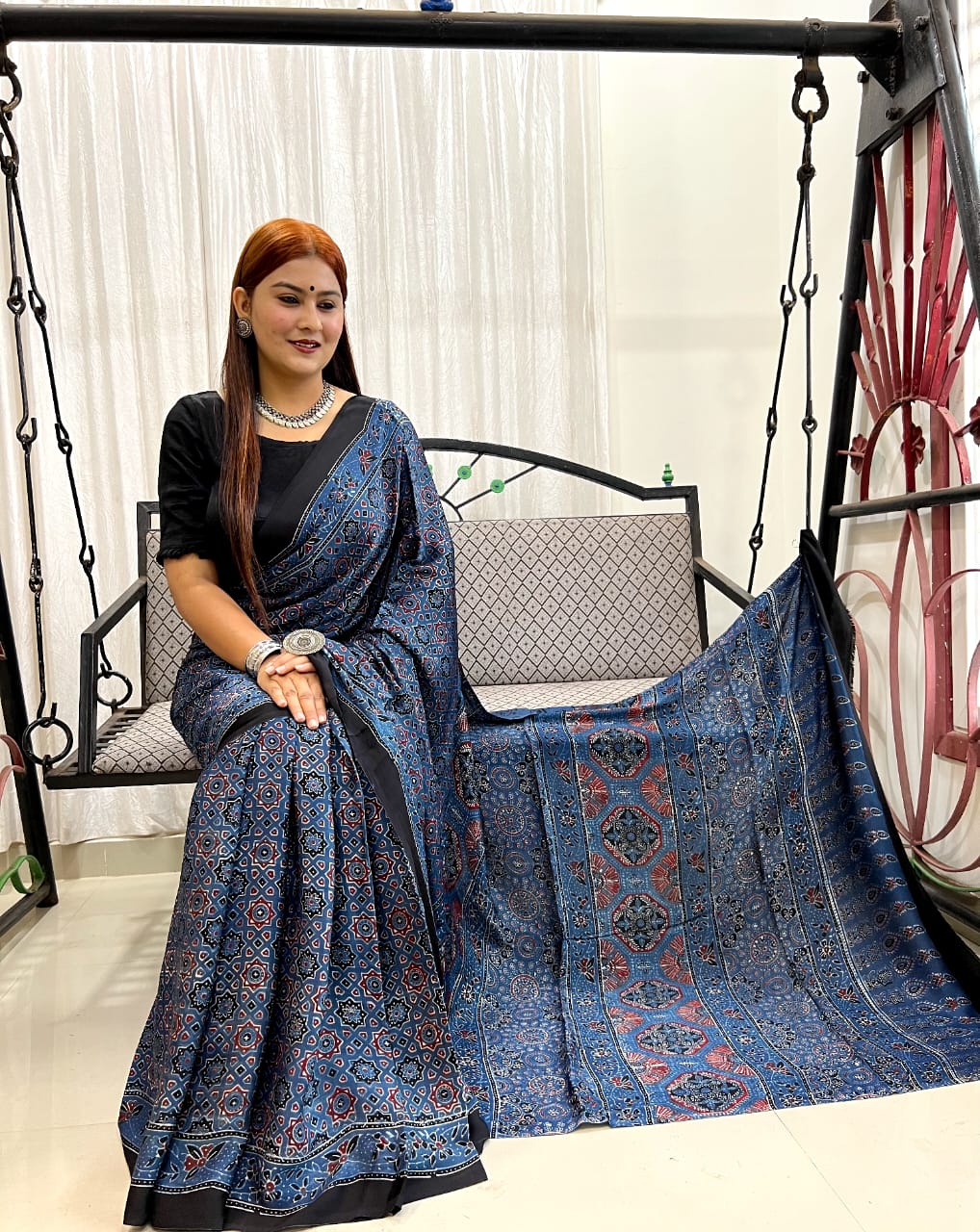 Indigo Ajrakh Pure Modal Silk Saree