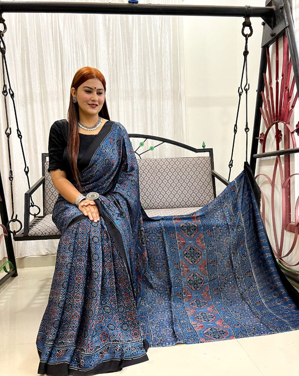 Indigo Ajrakh Pure Modal Silk Saree