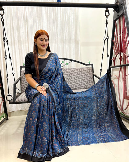 Indigo Ajrakh Pure Modal Silk Saree