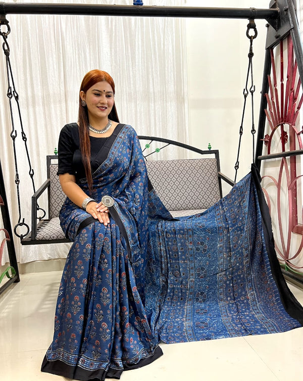 Indigo Ajrakh Pure Modal Silk Saree