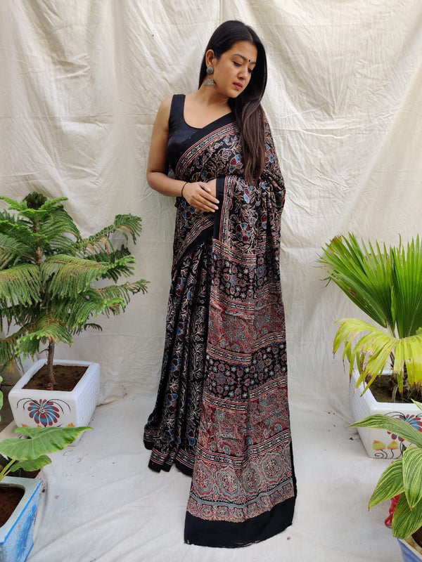 Black Ajrakh Pure Modal Silk Saree