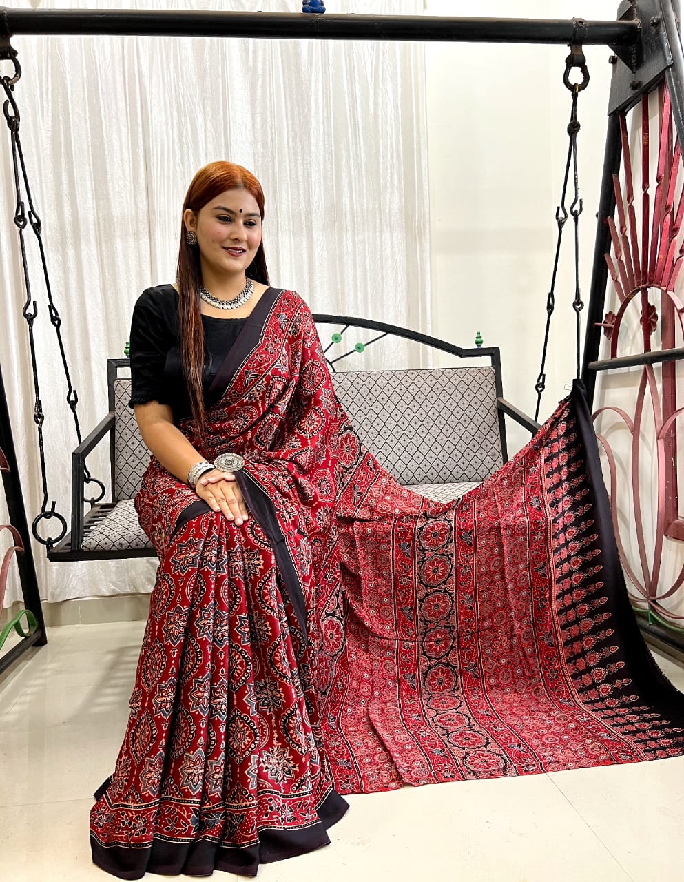 Red Ajrakh Pure Modal Silk Saree