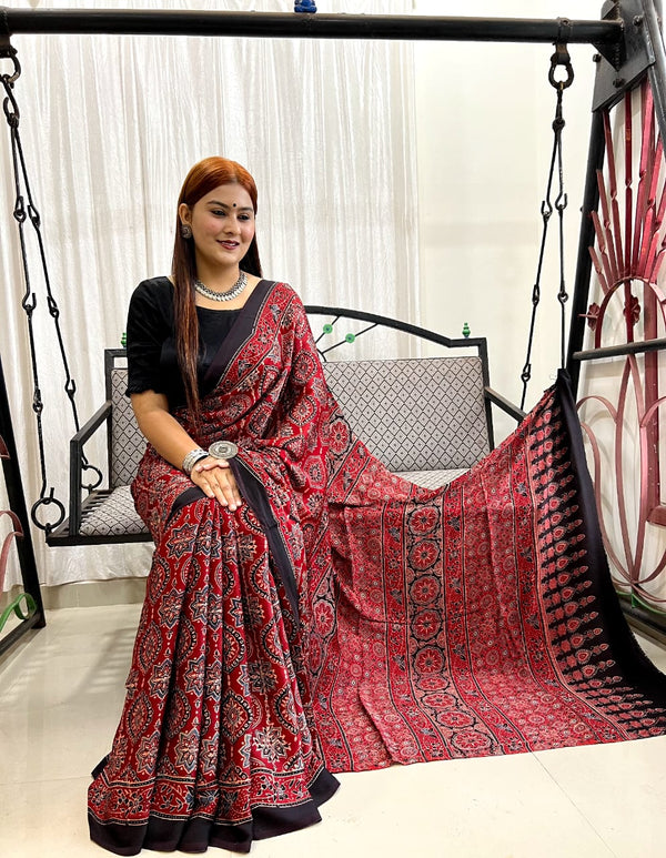 Red Ajrakh Pure Modal Silk Saree