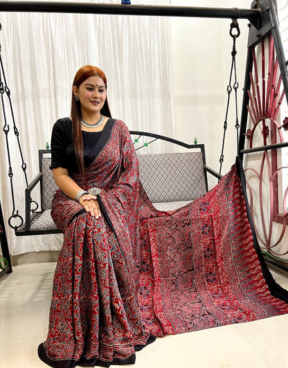 Red Ajrakh Pure Modal Silk Saree